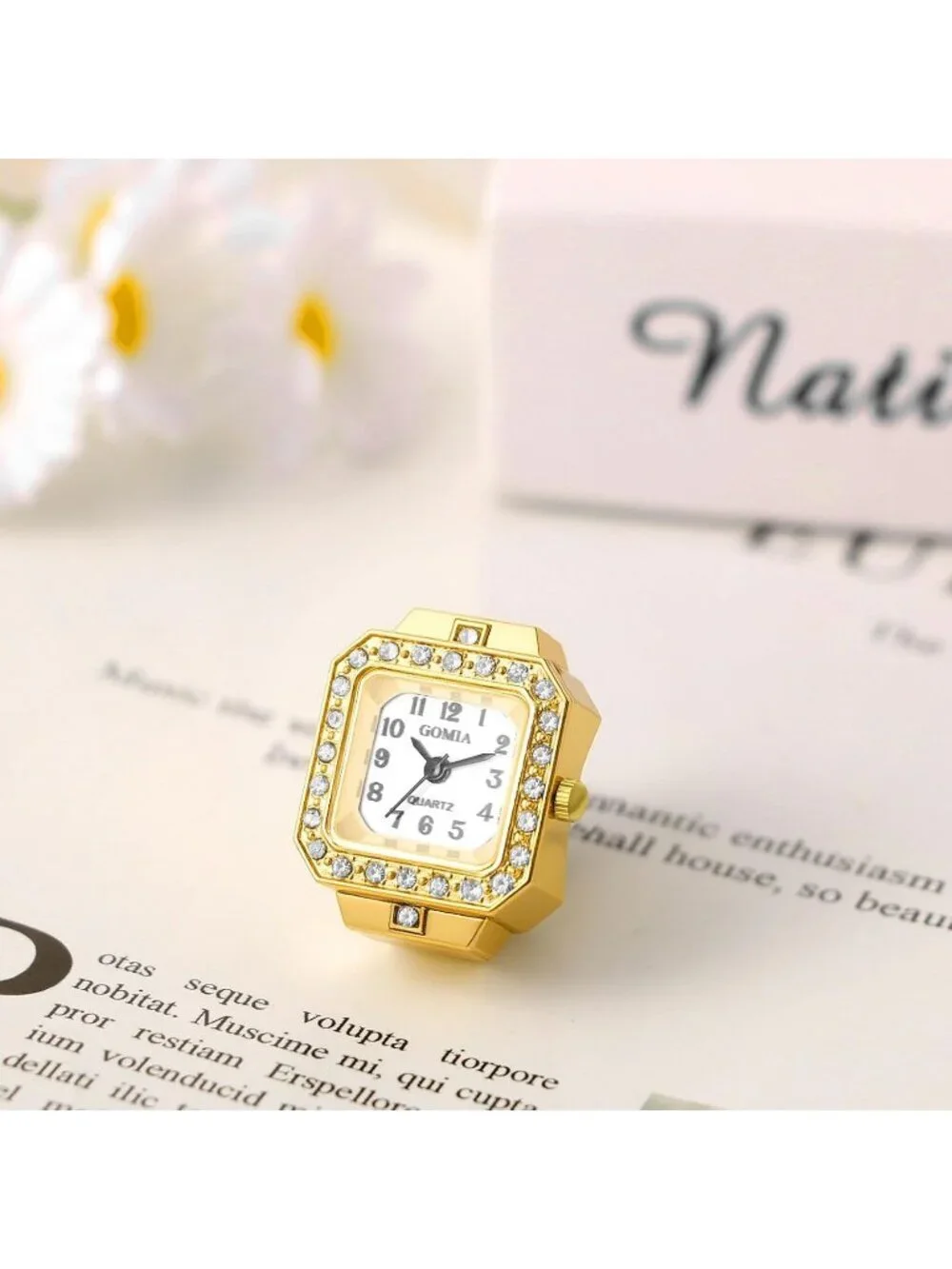 Unisex Gold White Quartz Stainless Steel Elastic Band Square Finger Ring Watch